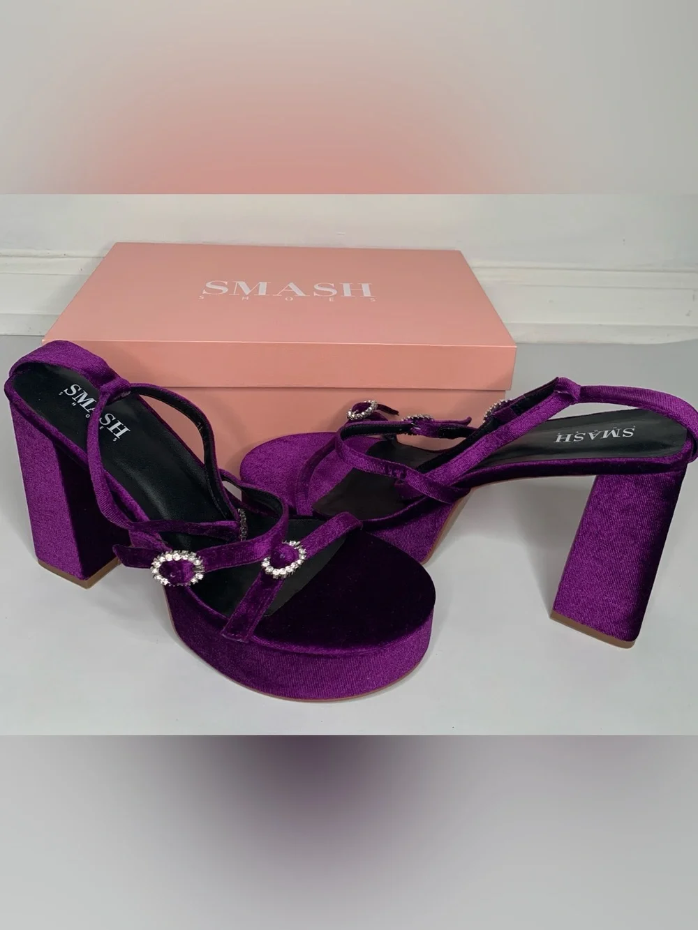SMASH Violet Velvet Platform Heeled Sandals with Rhinestone Accent